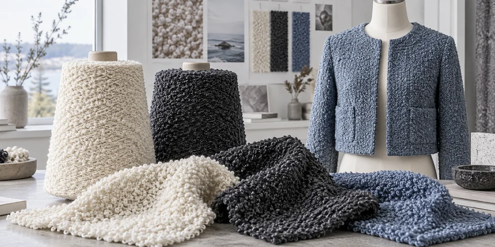 Bouclé-lankakartiot, lenkkipintaiset neulokset ja lyhyt jakku tuotekehitysstudiossa, tekoälyllä luotu havainnekuva