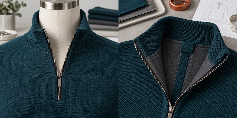 Half-zip-neuleen suora vetoketju, ribattu kaulus ja sisäpuolen alavara lähikuvissa