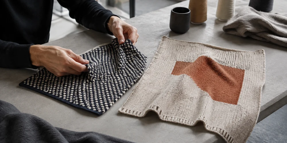 Pienikuvioinen sinivalkoinen jacquard ja suurivärialueinen intarsia rinnakkain, tekoälyllä luotu havainnekuva
