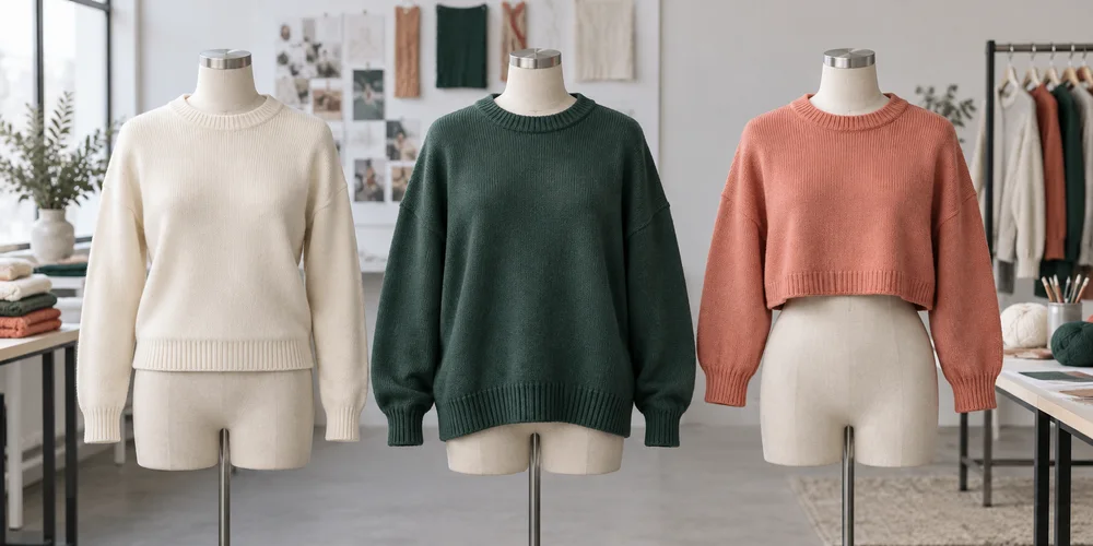 Regular-, oversize- ja cropped-neuleet kolmella sovitusnukella mittasuhteiden vertailussa, tekoälyllä luotu havainnekuva