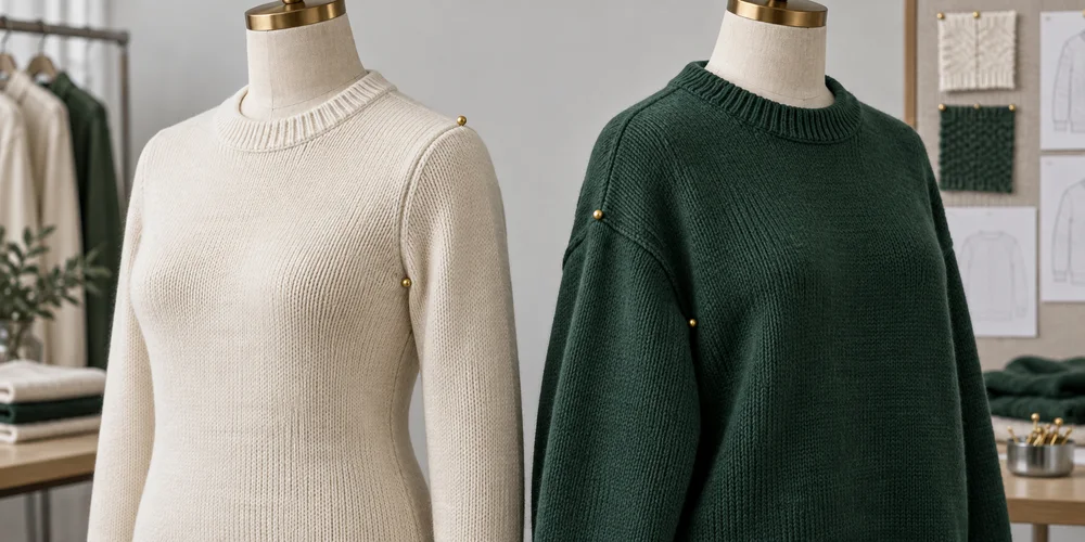 Regular-neuleen ja vihreän pudotetun olkapään oversize-neuleen hartiarakenteet rinnakkain