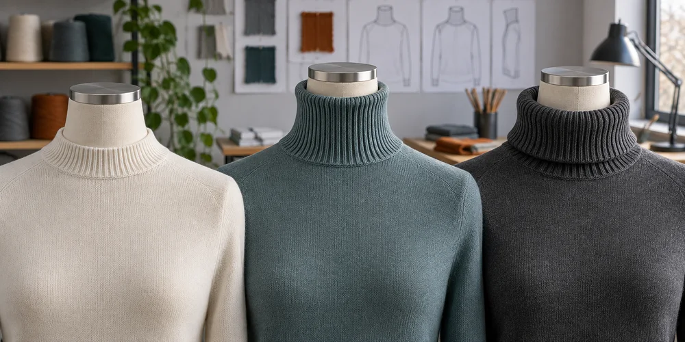 Matala mock neck, korkea kaulus ja taitettu poolokaulus kolmella kaulamuodolla