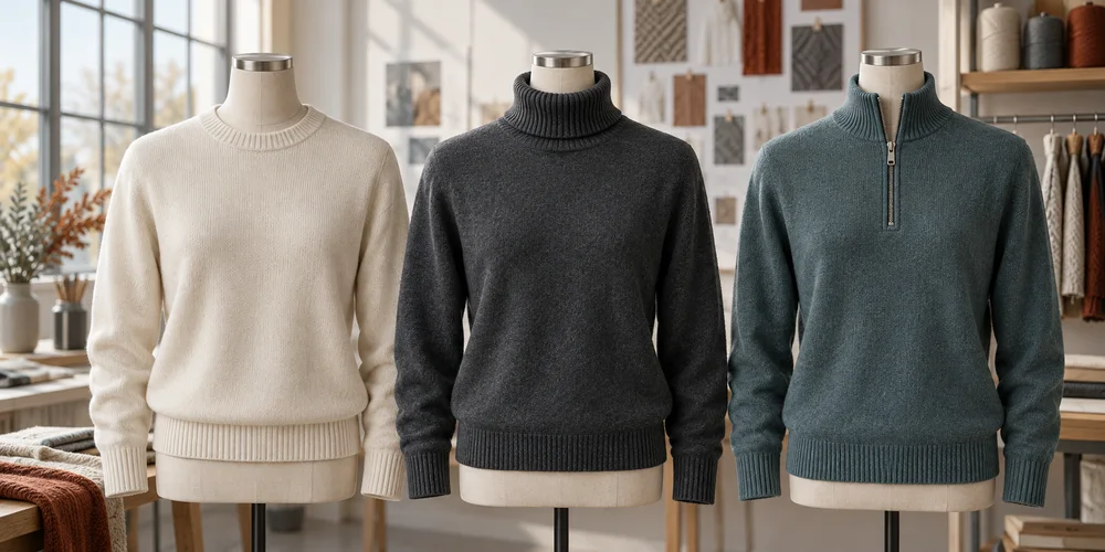 Pyöreäpääntie-, poolokaulus- ja half-zip-neule kolmella sovitusnukella, tekoälyllä luotu havainnekuva