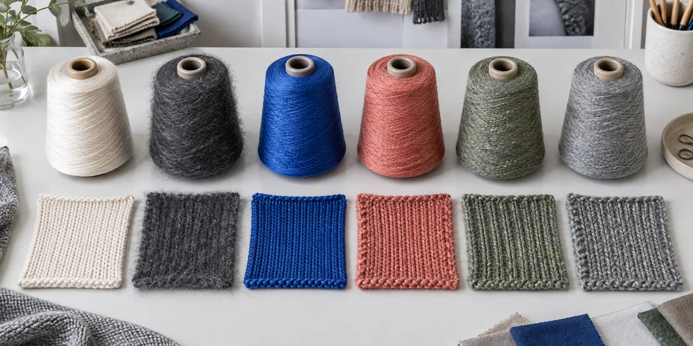Kuusi erilaista lankakartiota ja niitä vastaavat neulostilkut materiaalistudiossa